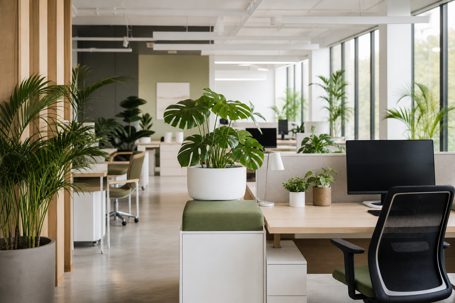 植百汇为现代办公室提供的绿植租摆与智能养护场景示意——开放式办公区摆放龟背竹、散尾葵等绿植