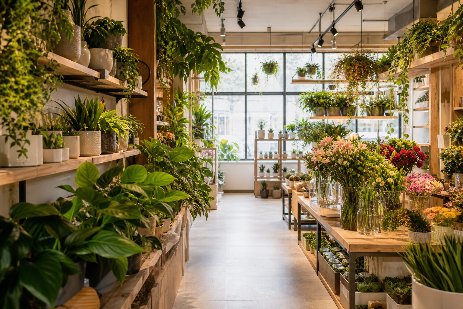绿植花艺零售门店场景：绿植盆栽与鲜花花艺陈列